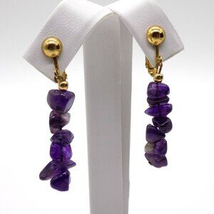 Vintage Genuine Amethyst Nuggets Dangle Drop Earrings Gold-tone Clip On